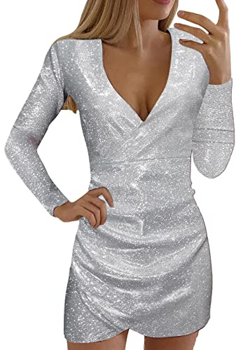 Pailletten Kleider Damen Kurz Glitzerkleid Langarm V-Ausschnitt Glänzende Kleider Sexy Partykleid Bodycon Enges Party Minikleid Wickelkleid Sommer Festkleid