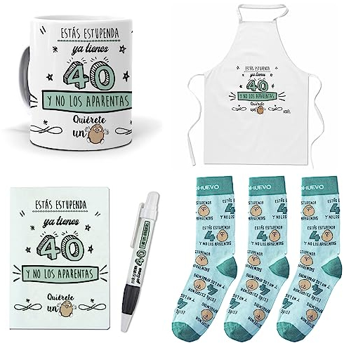 mundohuevo Que Regalar para 40 cumpleaños Mujer. Ya Tienes 40 y no los aparentas. Taza,Delantal, libreta, boli y Trio de Calcetines