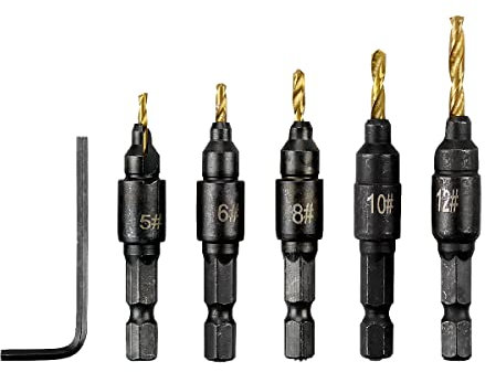 Countersink Drill Bit Set, Jagowa 5Pcs Replacement Drill Bits and One Wrench, 1/4 Quick Change Hex Shank Adjustable Countersink Woodworking Tool