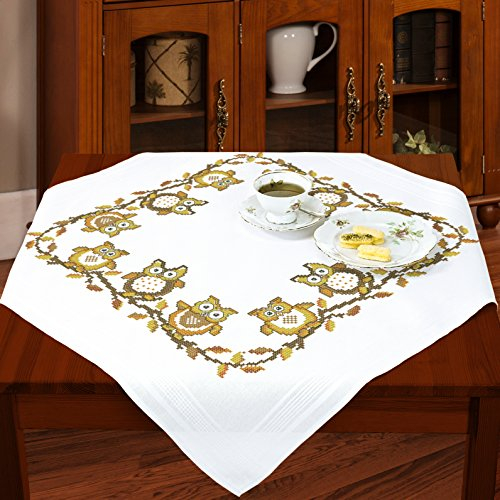 KAMACA Stickpackung Kreuzstich vorgezeichnet Baumwolle komplettes Stickset mit Stickvorlage Stickerei-Kit zum Selbersticken Erwachsene (Eulen – Party MD 80x80 cm)