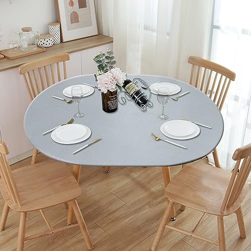 NLMUVW Oval Fitted Vinyl Tablecloth with Elastic Edge 100% Waterproof Oil Proof PVC Table Cloth Wipe Clean Table Cover for Indoor and Outdoor, 42- 65, Light Grey