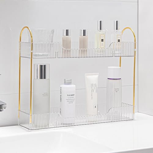 YCIA&DONE 2 Tiers Narrow Vanity Makeup Organizer, Bathroom Organizer Countertop Slim, Perfume Holder Skincare Storage Cosmetic Shelf Spice Rack, for Small Desktop Space, White Clear