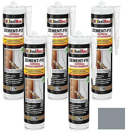 Isolbau Zement-Fix 5 x 300 ml Betongrau Express Reperaturmörtel - Dichtungsmasse für Fugen & Risse im Innen- & Außenbereich, Kartusche