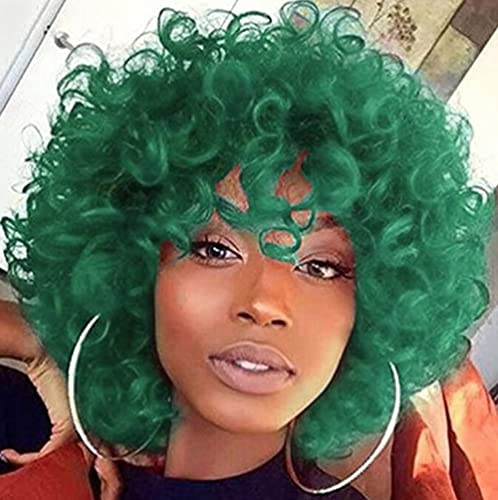 PORSMEER Pelucas afro rizadas para mujer, pelo sintético natural, peluca de onda grande, peluca verde para Halloween, cosplay, disfraz de película/uso diario