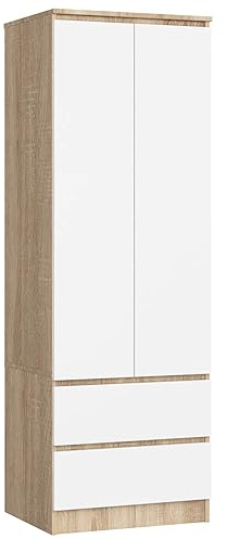 AKORD Kleiderschrank Star S | Zweitürig S 60 cm | 2 Schubladen mit Regalen und Einer Kleiderstange | für Kleiderschränke Schlafzimmer | Laminatplatte 16 mm Farbe Sonoma/Weiß