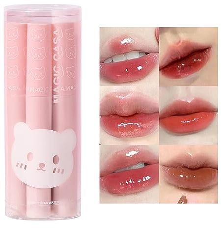 Bubble Bear Lipgloss, Gelee-Lippenstift, feuchtigkeitsspendend, flüssiger Lippenstift, prall, Lippenöl, langlebig, wasserdicht, Erdbeergeschmack, Kosmetik, glänzend, nicht fettig, 6 Stück