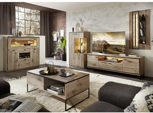 Wohnmöbel Set Wohnwand braun 5-teilig Modern, 1 Couchtisch, 1 Vitrine, 1 Highboard, 1 Lowboard, 1 Wandboard