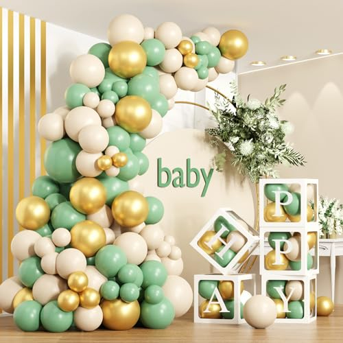 171 Stück Grün Babyparty Box Deko, 5 Transparente Ballon Box mit 110 Stück Luftballon Girlande Grün Gold, Baby Shower Luftballon Box mit 54 Buchstaben, Baby Ballon Boxen für Babyparty, Geburtstag Deko