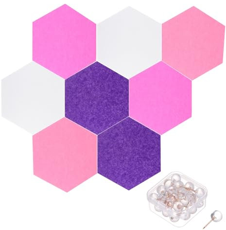 PATIKIL Filz Pinnwand Selbstklebend 8 Stück 28 x 24cm Sechseckige Akustikpaneele mit 30 Pinnnadeln Akustikplatten, Wanddekoration für Tür Büro Aufnahmestudio, Weiß/Rosa/Rosenrot/Lila