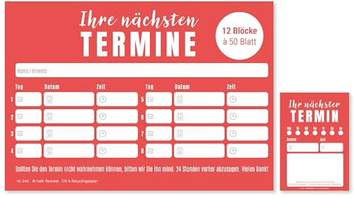 Frank Paperman® | 600x Terminzettel | 12x Terminblock à 50 Blatt | rot | 8 Termine je Zettel | Stempelfeld | moderne Terminkarten | Terminmanagement