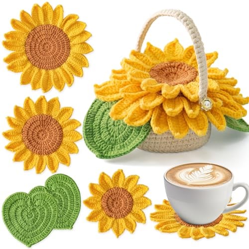 Weldomcor Crochet Kit for Beginners, Crochet Coasters Kit, Sunflower Potted Plant Crochet Knit, Starter Crochet Kit for Adults with Step-by-Step Instructions and Video Tutorials DIY Material Tools