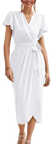 GRACE KARIN Damen Elegant Geburtstagskleid Slim Fit Bodycon Rockabilly Plissiert Cocktailkleid Kurzarm V-Ausschnitt Partykleid Weiß L