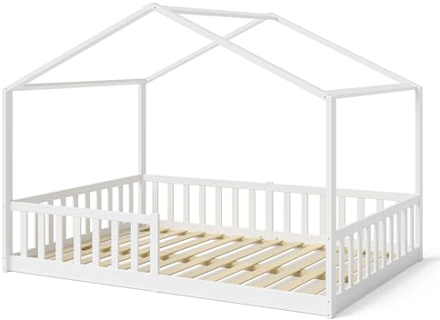 Bellabino Bia Kinderbett 140x200 cm – Hausbett mit Rausfallschutz & Lattenrost – Montessori Bodenbett aus Massivholz Kiefer – Kinder Bett in Weiß für Jungen und Mädchen