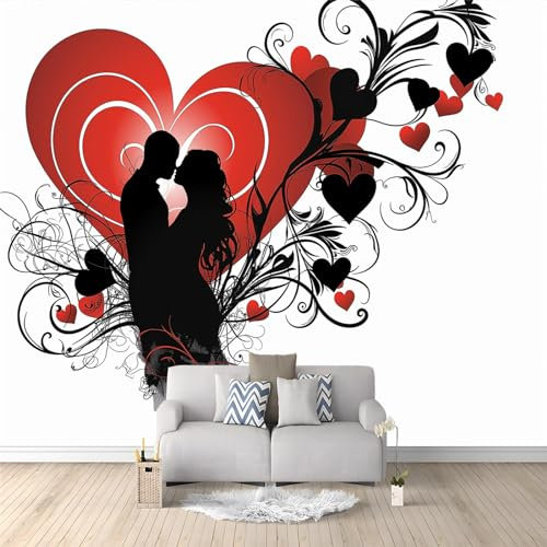 Romantic Valentine's Day Photo Wallpaper Black Swirl Red Heart and Couple Non-Woven Living Room Bedroom Wall Decoration - Photo Mural- Gaming Room TV Background Wall Decor 200 x 140 cm