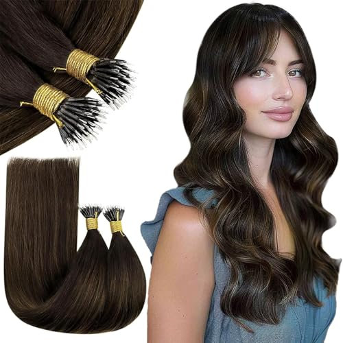 RUNATURE Haarverlängerung Echthaar Nanoring Braun Balayage Blond 40cm Extensions Echthaar Nanoring Braun Ombre Nanoring Extensions Echthaar 1g Unsichtbare Haarverlängerung Echthaar 50s #2/2/6