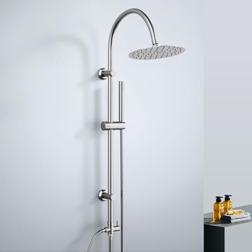 Görbach Colonne de Douche pluie sans robinet, Ensemble Douche Murale en acier inoxydable avec douche de tête ronde D20 cm, barre de douche vintage en forme de U, chromée