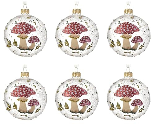 Kaemingk Weihnachtskugeln Glas 8cm x 6 Stück mit Pilz Motiv Christbaumkugeln Weihnachtsbaumkugeln für Weihnachten - Christbaumschmuck & Weihnachtsbaumschmuck - Transparent