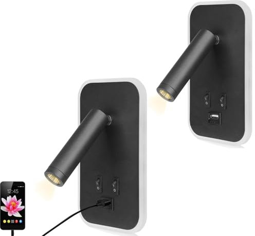 Aofesel Liseuse de Chevet, 2PCS Applique Murale LED Chambre avec Interrupteur et Charge USB, 3W+9W 3000K Fixation Murale Spot Rotatif, Lumières Mural Lit Lampe Murale Couloir Hotel (Noir-2pcs)