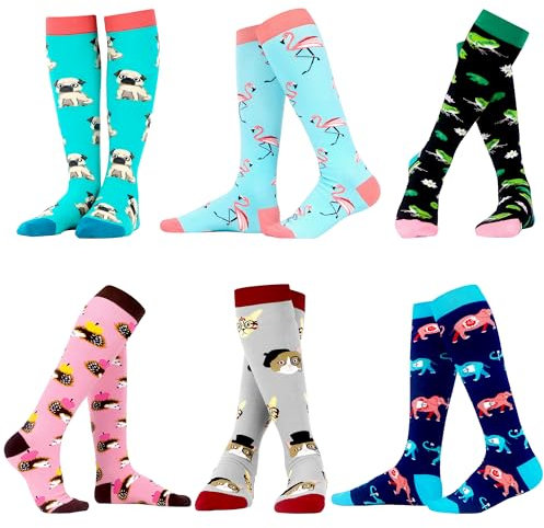 WeciBor Damen Lustige Bunte Socken Gekämmte Neuheit Motive Kniestrümpfe, 6 Paar Mehrfarbig Tier, Größe 39-42