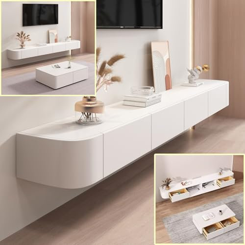 XDXINY Floating TV Stand Large Floating TV Shelves Wall Mounted Multi TV Lowboard Storage Compartment TV Media Console Floating TV Cabinet Bench Under TV Large Storage (White, 260 * 20 * 24CM)