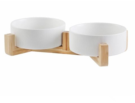 AmiCera Raised Dog Bowls-600 ml Dog Bowls with Stand-Ceramic Dog Bowls with Streak-Cat Food Bowl-Double Dog Feeding Bowls -Raise Cat Bowl-White-15.2cm