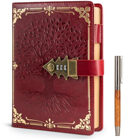 WEMATE Lock Journal with Pen & Gift Box, A5 260 Pages, Refillable, Hardcover Leather Password Notebook for Writing,Vintage Lock Diary for Women, Girls, Men, Students, 8.6 x 5.8 in Red