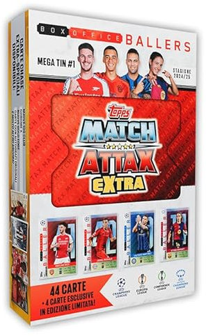 Topps Match Attax Extra 2025 - Mega Tin #1 - Box Office Ballers. 48 Karten, darunter 4 Exklusive Box Office Baller LE-Karten. Halte Ausschau nach Reliktkarten in Glücksdosen!