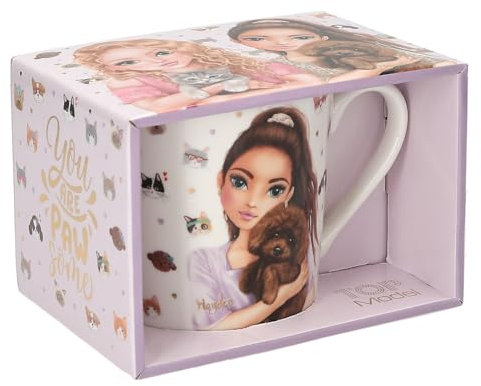 Depesche 13541 TOPModel Kitty y Doggy Blanco, con Motivo de Modelo, Corazones y animalitos, Taza de Porcelana con asa, Capacidad Aprox. 300 ml, Multicolor, One Size