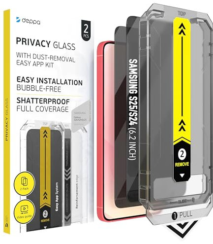 Deppa | Lot de 2 | pour Samsung S25/S24 (6.2') Verre Trempé Anti espion pour avec Kit de pose facile | Anti-Poussière & Anti-Bulles | Résistant aux Chocs | Couverture Complète |