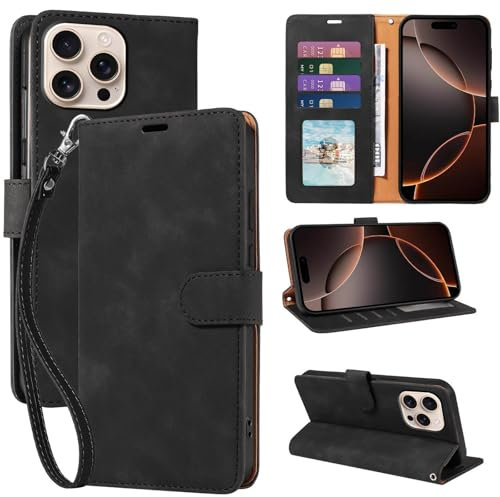 GOTOURED for iPhone 16 Pro Max Wallet Case, RFID Blocking 4 Card Slots Holder, Soft Leather Protective, Kickstand, Wrist Strap, Shockproof Folio Flip Cases for iPhone 16 Pro Max Cover (Black)