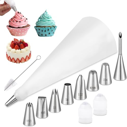 Premium Spritzbeutel Set 12 teilig, mit 8 verschiedenen Muster Edelstahl Spritztüllen und 35cm Spritztüte, wiederverwendbar und spülmaschinenfest, Adapter & Reinigungsbürste, Für Dekorationen Backen