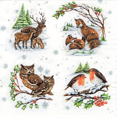 20 Winter Tier Papierservietten – Fuchs, Eule, Reh & Vögel – FSC Zertifiziert, 3-lagig – Hergestellt in der EU – Schnee, Winterservietten, Herbst, Geburtstag, Party & Decoupage – 33 x 33 cm