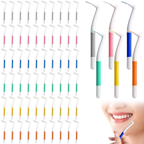 60 Stück Interdentalbürsten, L-Förmige Zahnzwischenraumbürsten, 6 Farbenset Zwischenraum Zahnbürste in 6 Größen(0.4-1.5mm), Zahnspangen Reinigung mit RutschfesterGriff, Dentalbürsten für Zahnreinigung