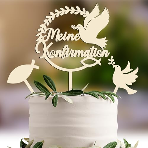 Tortendeko Konfirmation Holz, Cake Topper“ Meine Konfirmation ”, Taube Fisch Kuchen Deko Torten Topper,Holz-Deko für Jungen und Mädchen zur Erstkommunion