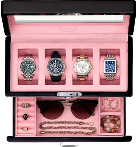 ROTHWELL Uhrenbox mit 4 Fächern, Klavierschublade, Premium-Schmuck-Vitrine, Organizer mit verschließbarer Glasplatte und Mikrovelours-Auskleidung für Damen und Herren (rosa Innen)