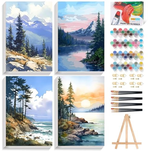 Lot de 4 peintures au numéro de montagne pour adultes avec cadre - 20 x 30 cm - Paysage de montagne - Peinture par numéros pour adultes - Avec chevalet en bois - Bricolage acrylique - Peinture par