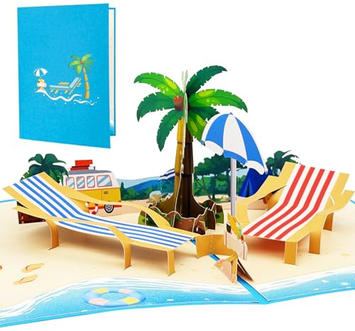 Pop-Up Karte Strand & Palmen,3D Geburtstagskarte Urlaub Reise | Geburtstagskarte pop up Geschenkkarte für Urlaub Reise Flitterwochen, Reisekasse Gutschein