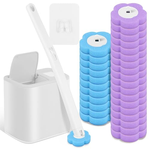 Set de cepillo de inodoro desechable con mango extendido y soporte. Set de limpieza con 30 piezas de recargas de limpiador. Set de cepillo de inodoro para baño, lavabo, bañera, suelo (Blanco+30)