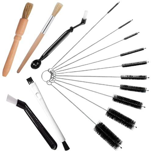 15 Stück Reinigungsbürste Kaffeevollautomat Set, Wiederverwendbare Pinsel Kaffeemaschine Holz Griff und Strohhalm Bürste Set, Kaffeepinsel für Bohnen Getreide Kaffee Werkzeug