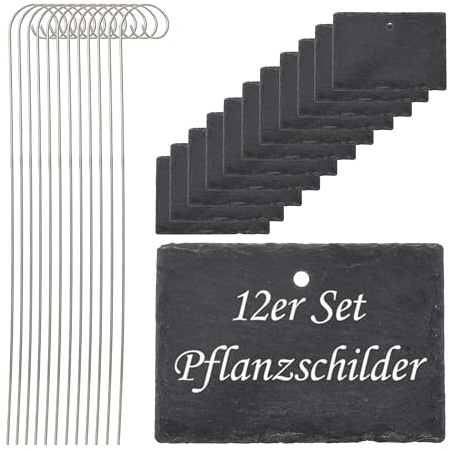 Gartenstecker Schieferschild 12er Set | 10x40x4,5cm Edelstahl Schiefer Erdspieß | Schilder zum Beschriften für Pflanzen Kräuter Beete | abwischbar wiederverwendbar