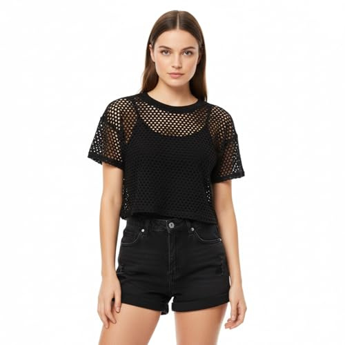 Adorling Camiseta de malla para mujer, camiseta de manga corta, camiseta de malla transparente, camiseta de los años 80, ropa para discoteca, fiesta, club, transpirable, deporte, ocio, Y2K, negro