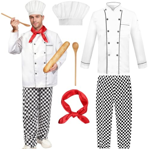 Buyzzus Chef Costume Set 5 PCS Adult Halloween Chefs Outfit with Chef Jacket Hat Spoon Scarf Pants, Chef Fancy Dress Costume for Halloween Carnival Parties Celebrations