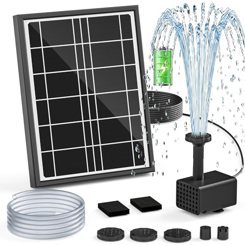 Solar-Vogelbad-Brunnenpumpe, 4W Solar-Wasserpumpe mit 2000mAh Batterieunterstützung, 5 Sprühmodi & 1,2 m PVC-Schlauch, Solarbetriebener Brunnen für Vogelbad, Gartenteich und Außen-Wasserspiel