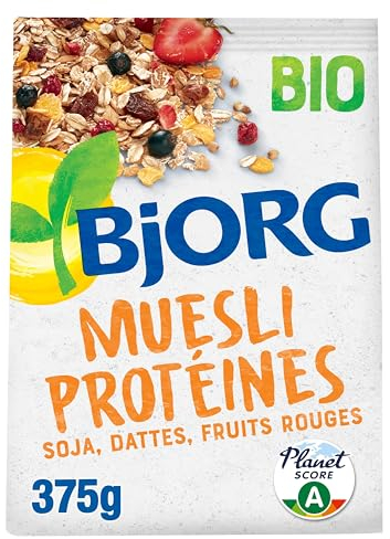 BJORG - Muesli Protéines - Soja, Dattes, Fruits Rouges - Riche en Protéines - Source de Fibres - Céréales Complètes Avoine et Blé - Bio - 375g