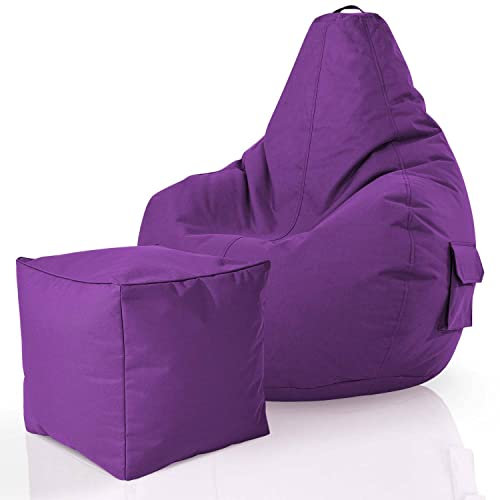 Green Bean 2er Set Sitzsack + Hocker - fertig befüllt - robust waschbar schmutzabweisend - Kinder & Erwachsene Bean Bag Bodenkissen Lounge Sitzhocker Relax-Sessel Gamer Gamingstuhl Pouf - Violett