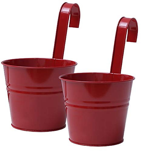 ASSR Lot de 2 pots de fleurs à suspendre avec crochet amovible - En métal rouge - À fixer au mur - Pour plantes grasses - Avec drainage - Pour extérieur, clôture, balcon