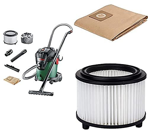 Bosch Home and Garden AdvancedVac 20 Aspiratore, 20/13.5 litri, 1200 W, Verde/Nero, 1 Pezzo + Bosch 5 sacchetti filtro di carta + Bosch Filtro a Cartuccia per Aspirapolvere Lavabile