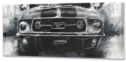 Ford Mustang Leinwand-Wanddekoration, Schwarz und Weiß | Großer Ford-Wandschmuck für Wohnzimmer, Schlafzimmer oder Männerhöhle
