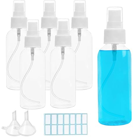 Symbah Refillable Spray Bottle 100 ML (5PCS) Fine Mist Clear Plastic Small Spray Bottles for traveling, cosmetic, perfume, cleaning liquid, essential oil