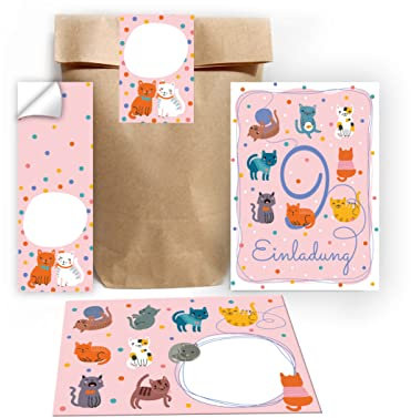 Junapack 12 Einladungskarten zum 9. Kindergeburtstag neunte Geburtstag Mädchen Jungen Katzen Katze incl. 12 Umschläge, 12 Tüten/Natur, 12 Aufkleber